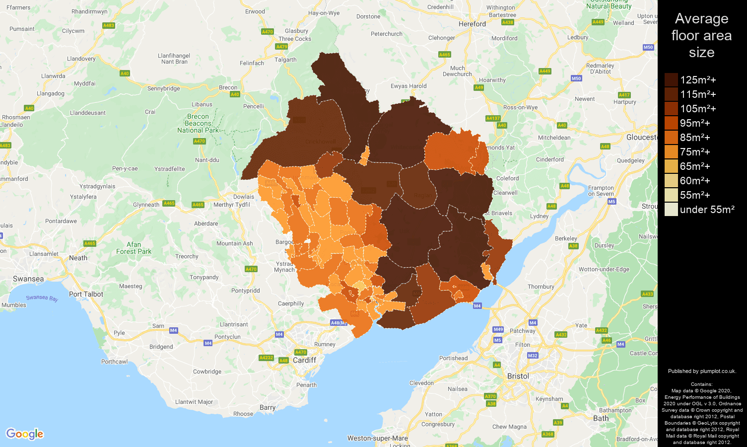 Newport map of average floor area size of properties