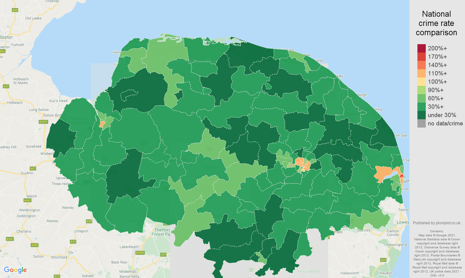 Norfolk antisocial behaviour crime rate comparison map