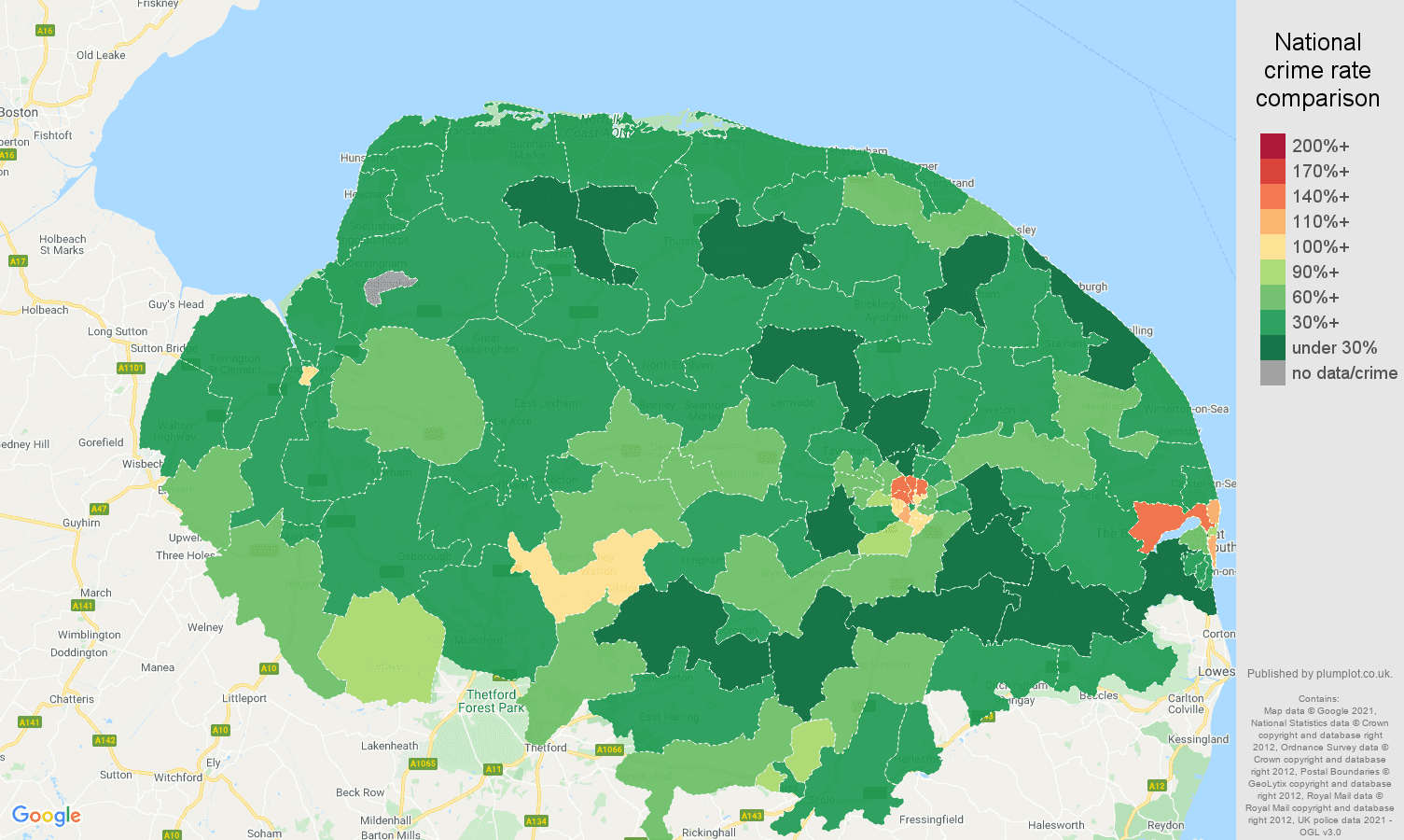 Norfolk burglary crime rate comparison map