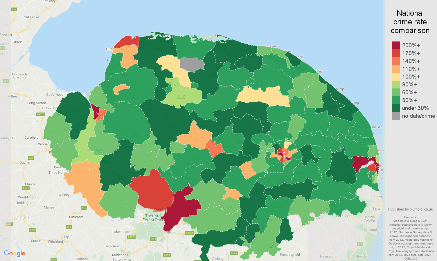 Norfolk drugs crime rate comparison map