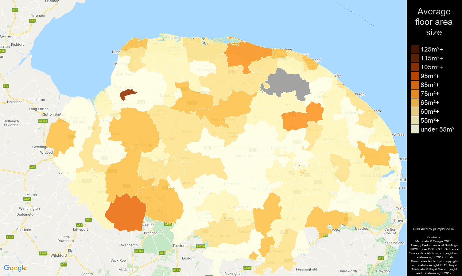 Norfolk map of average floor area size of flats