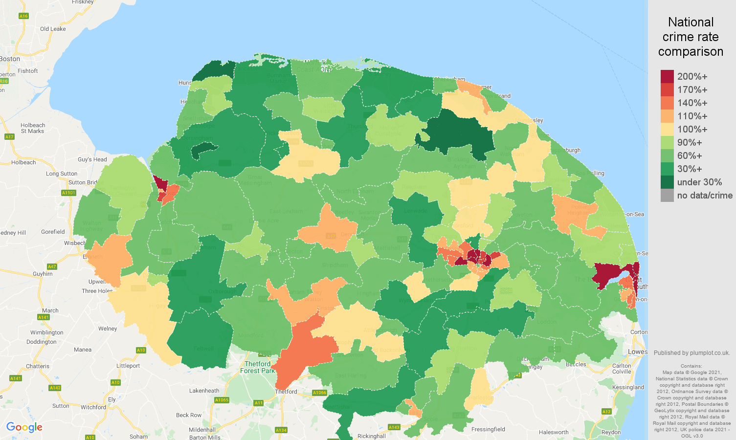 Norfolk violent crime rate comparison map