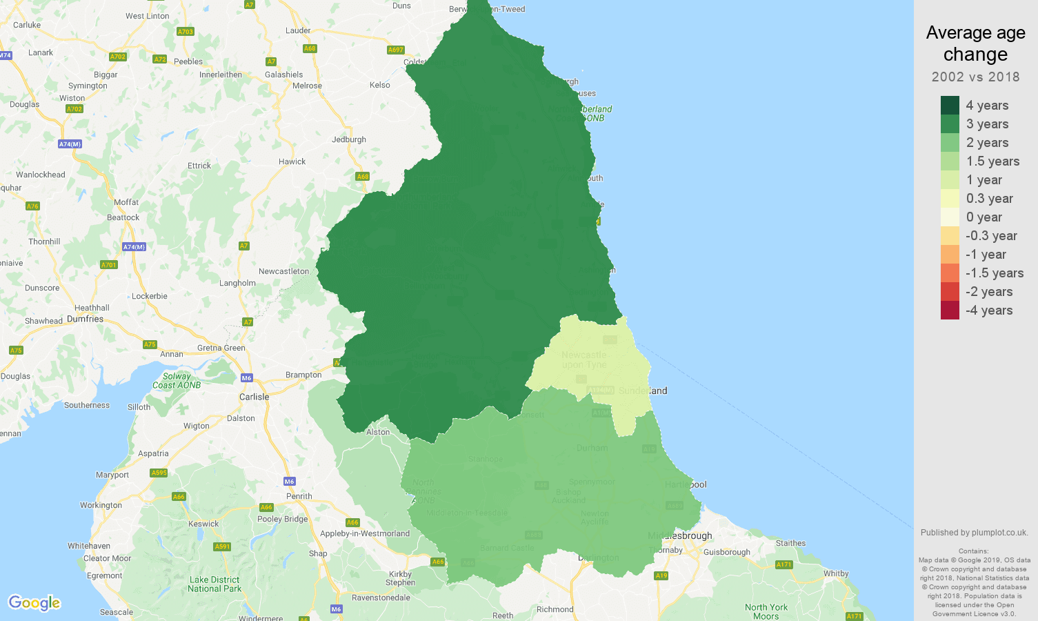 North East average age change map