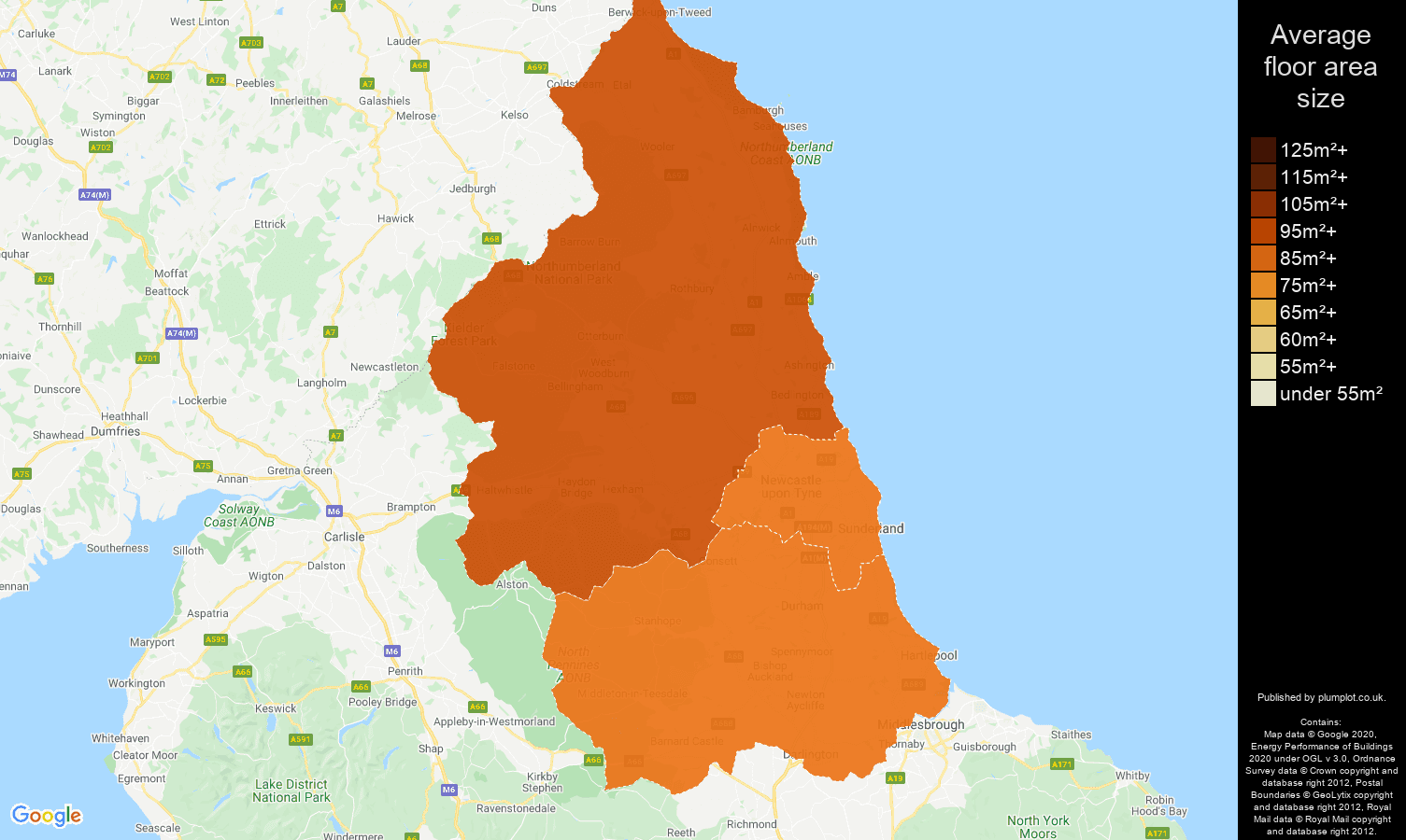 North East map of average floor area size of houses