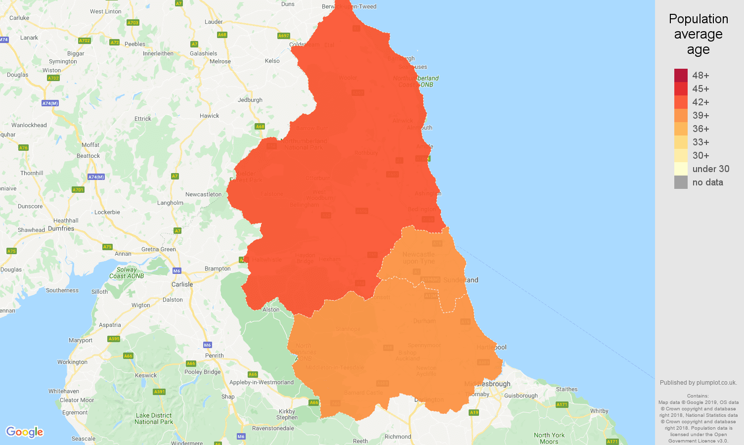 North East population average age map