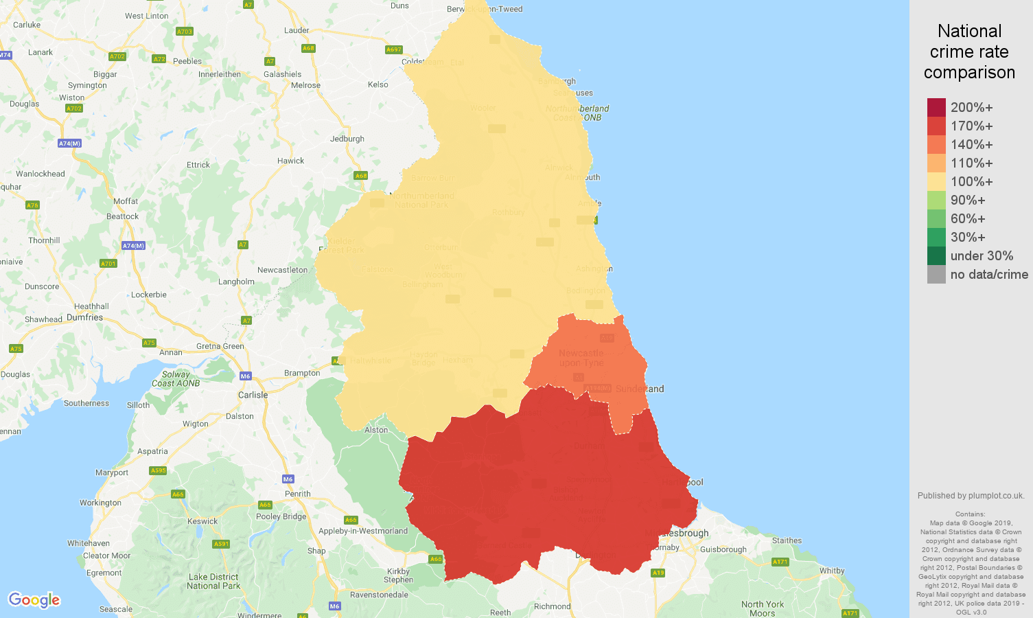 North East shoplifting crime rate comparison map