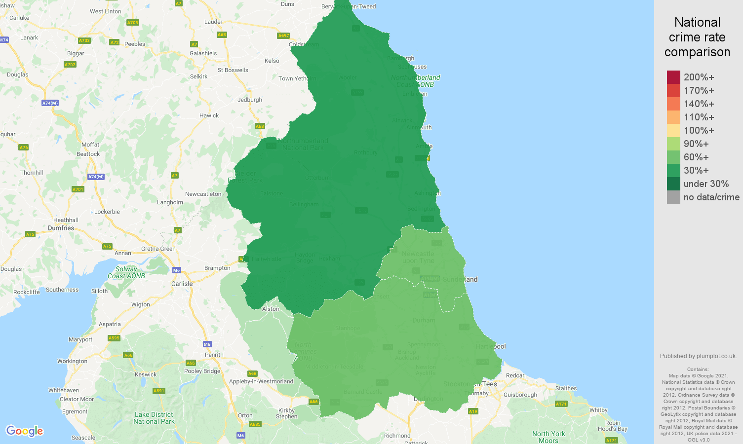 North East theft from the person crime rate comparison map