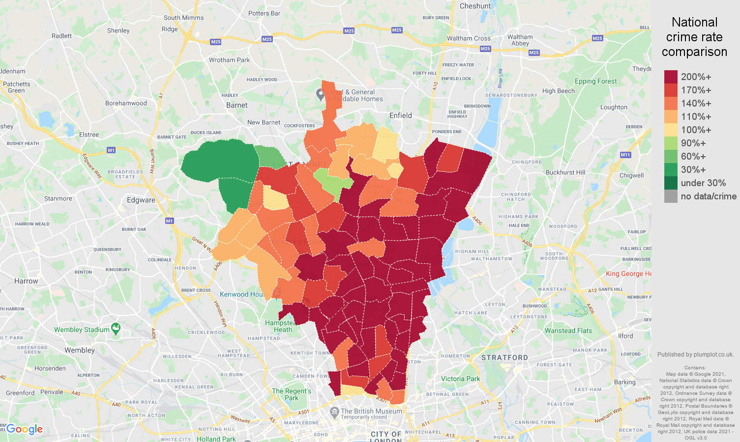 North London antisocial behaviour crime rate comparison map