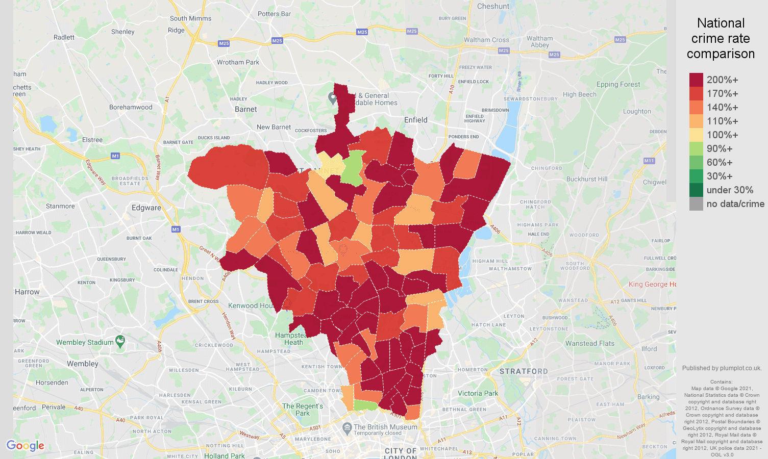North London burglary crime rate comparison map