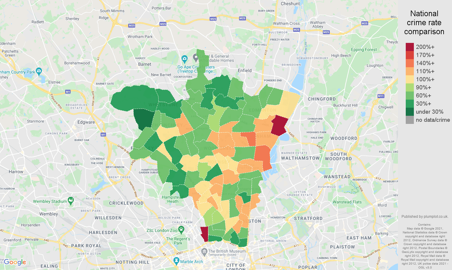 North London criminal damage and arson crime rate comparison map
