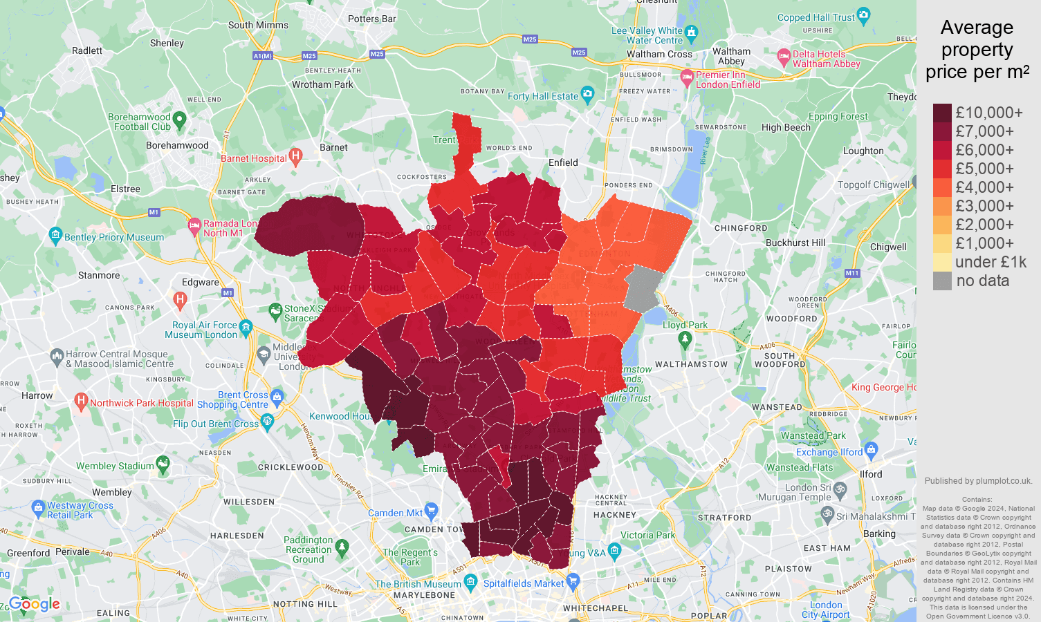 North London house prices per square metre map