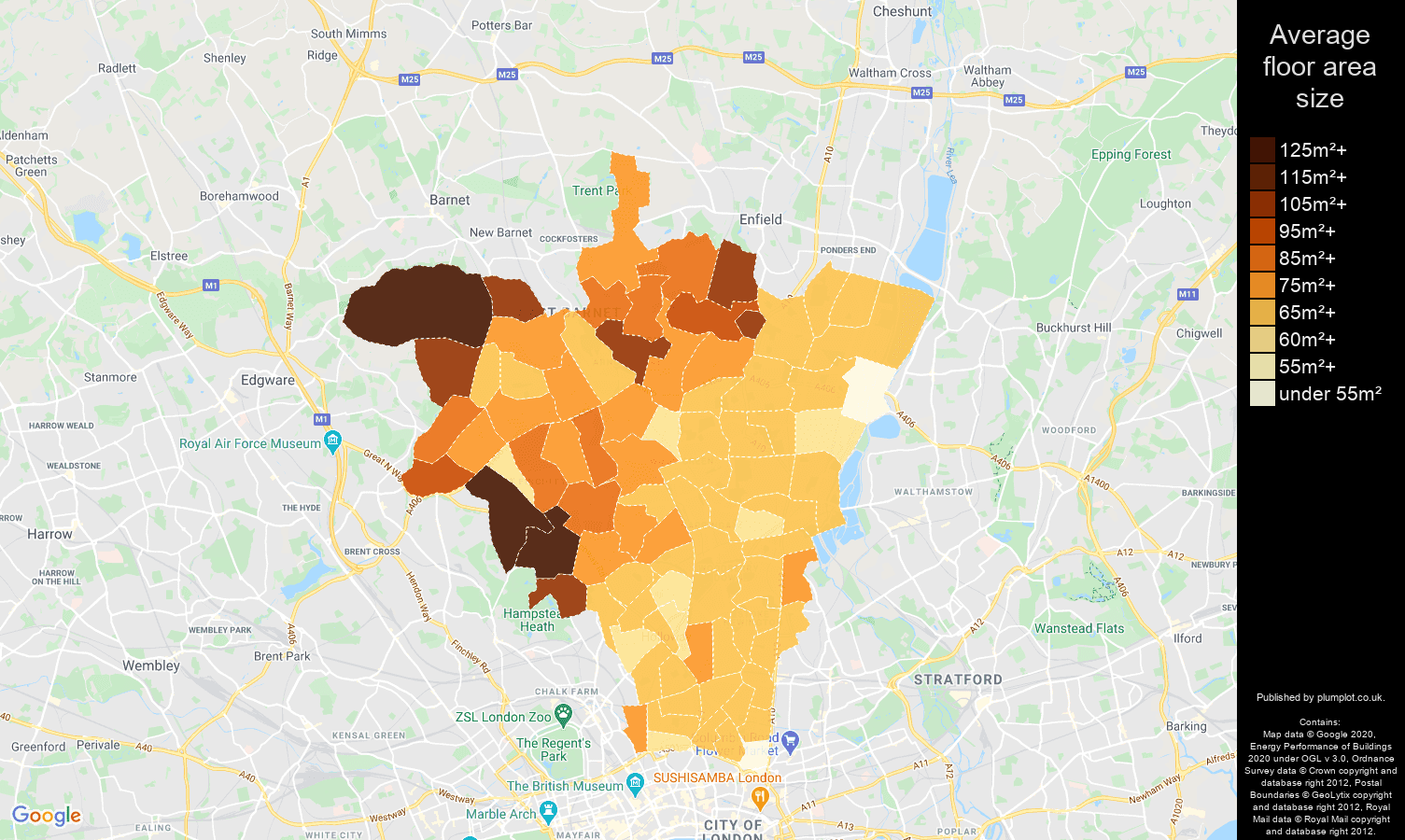 North London map of average floor area size of properties
