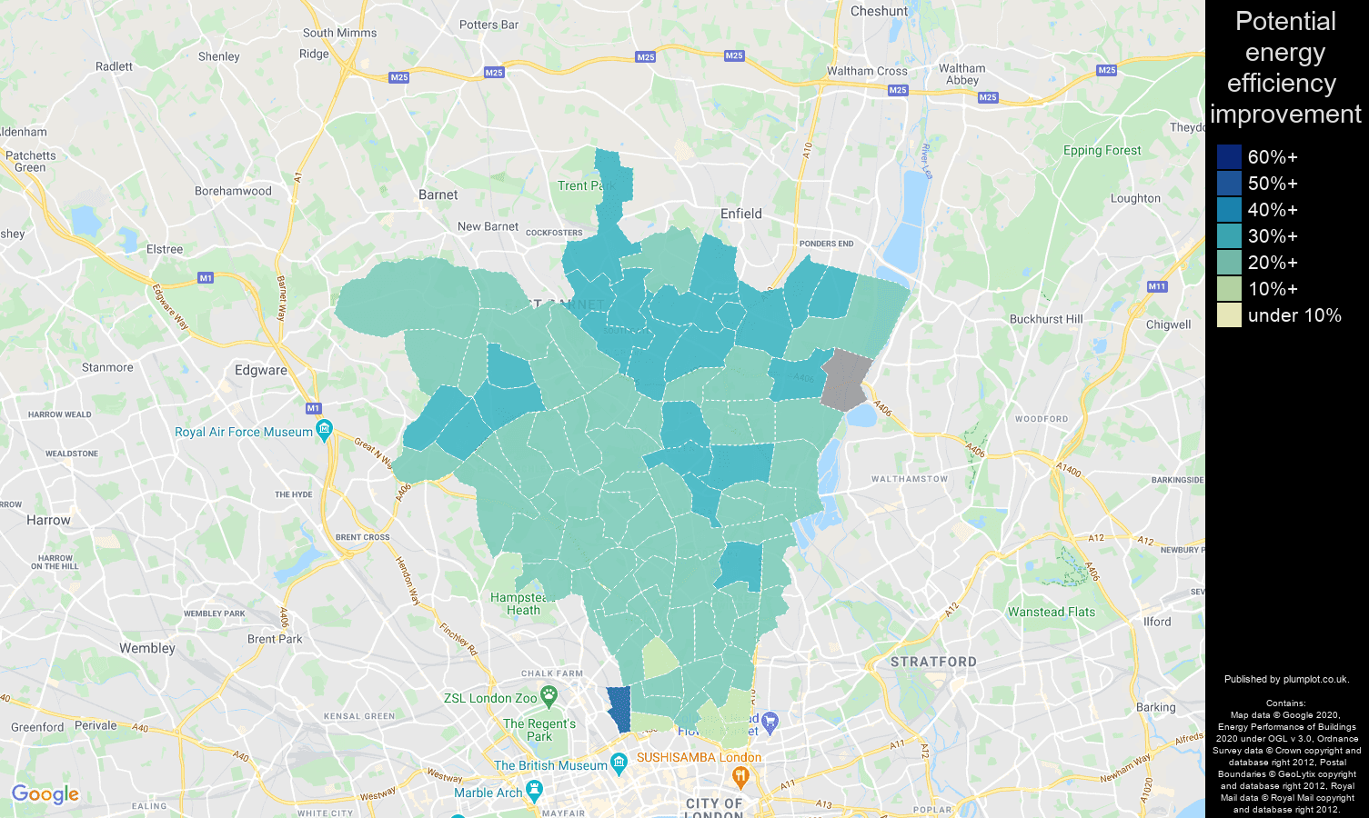 North London map of potential energy efficiency improvement of houses