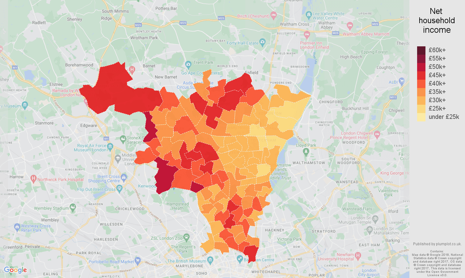North London net household income map