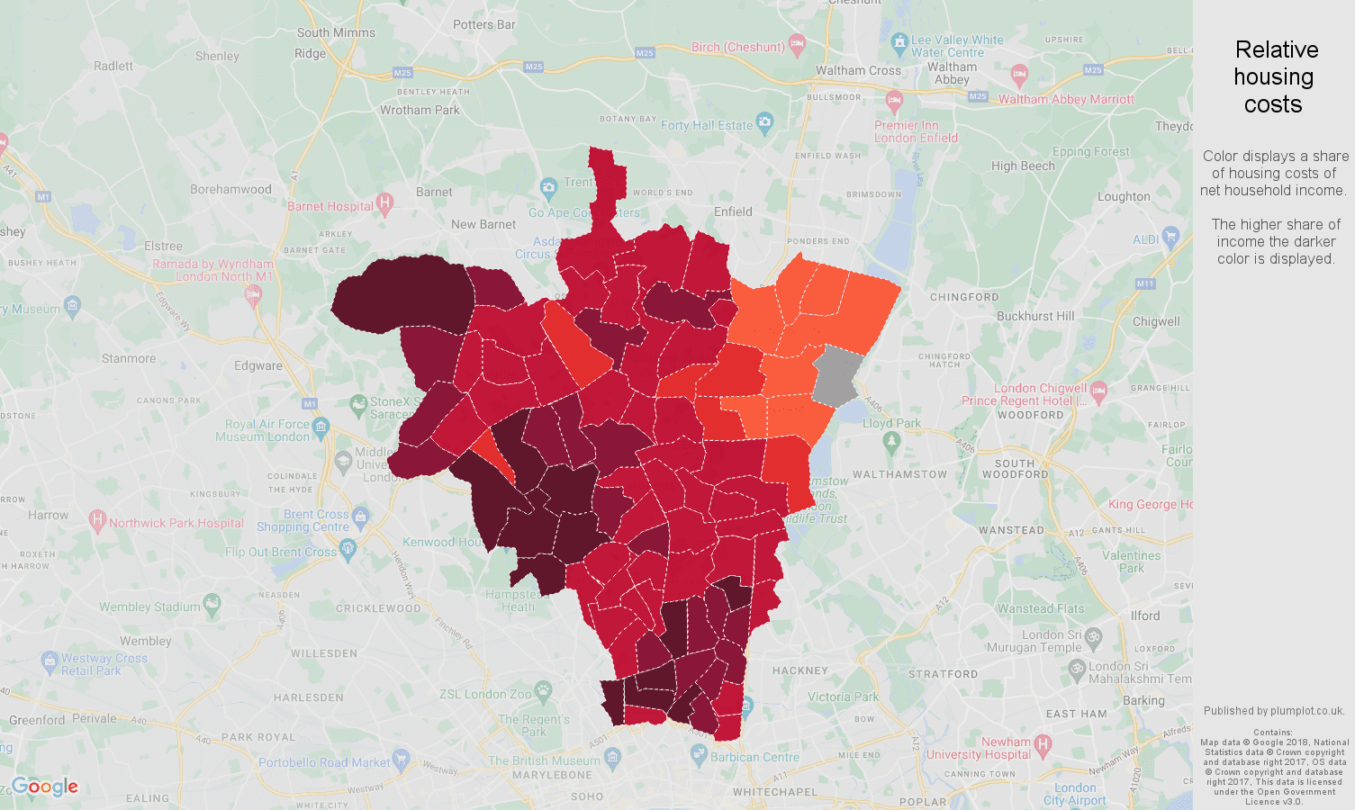 North London relative housing costs map
