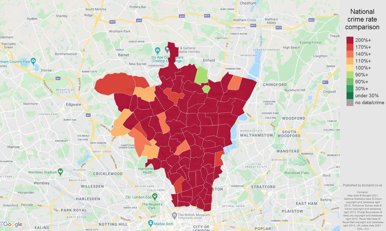 North London robbery crime rate comparison map
