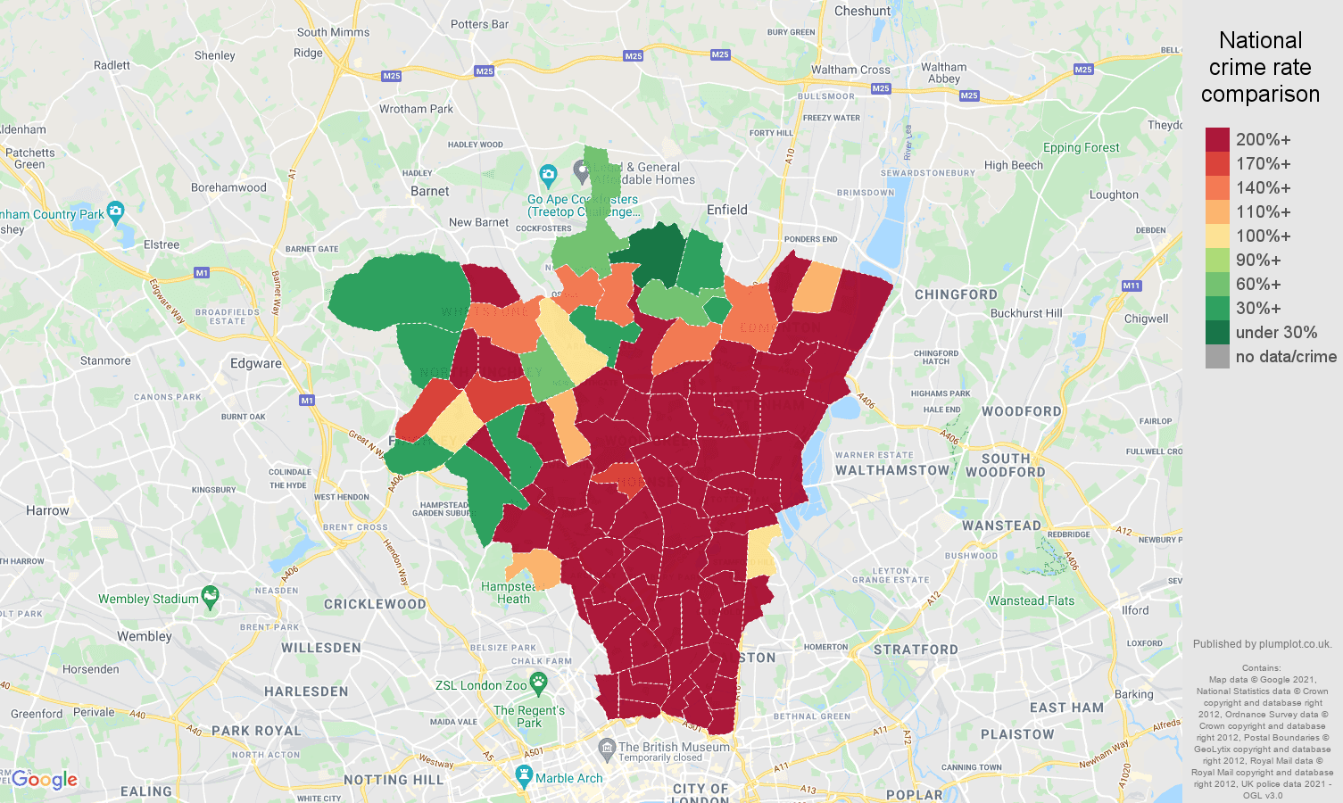 North London theft from the person crime rate comparison map
