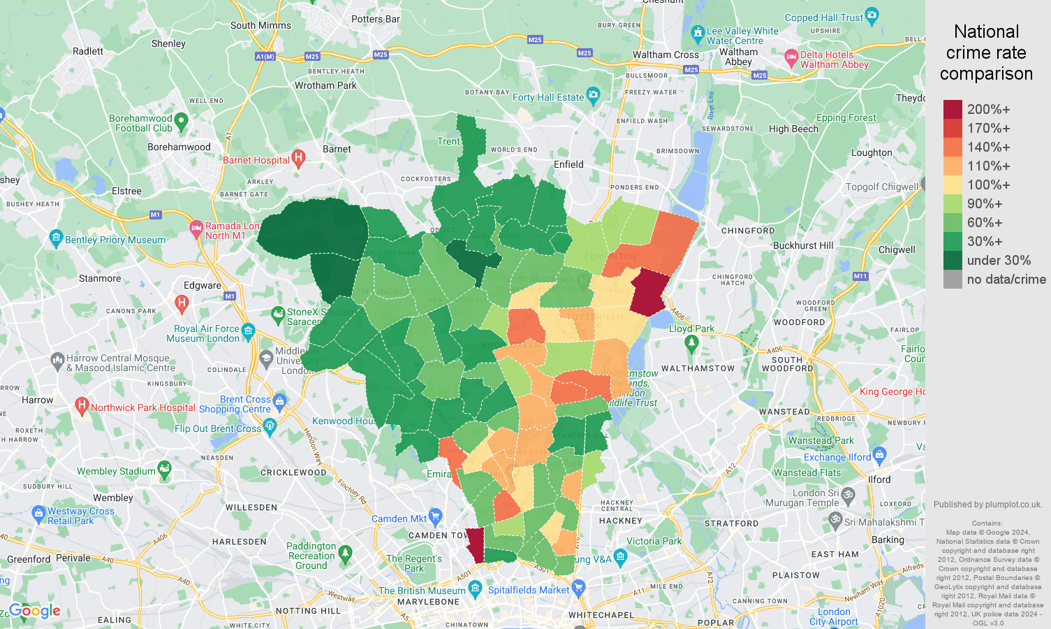 North London violent crime rate comparison map