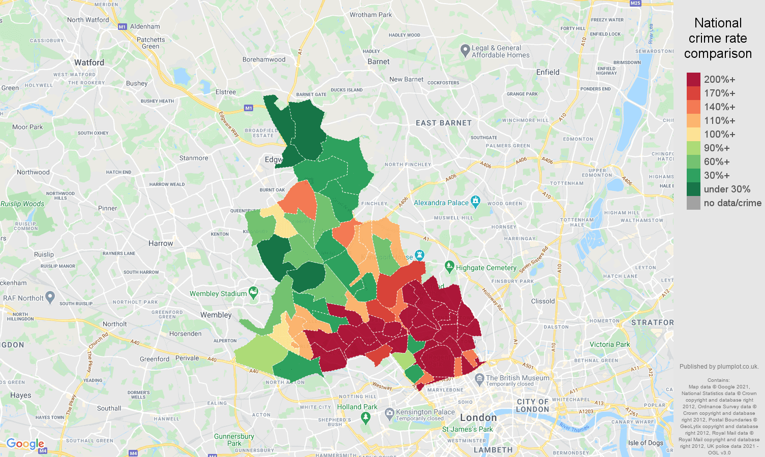 North West London bicycle theft crime rate comparison map