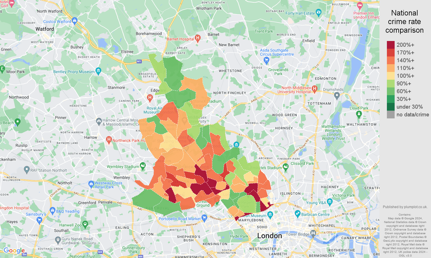 North West London crime rate comparison map