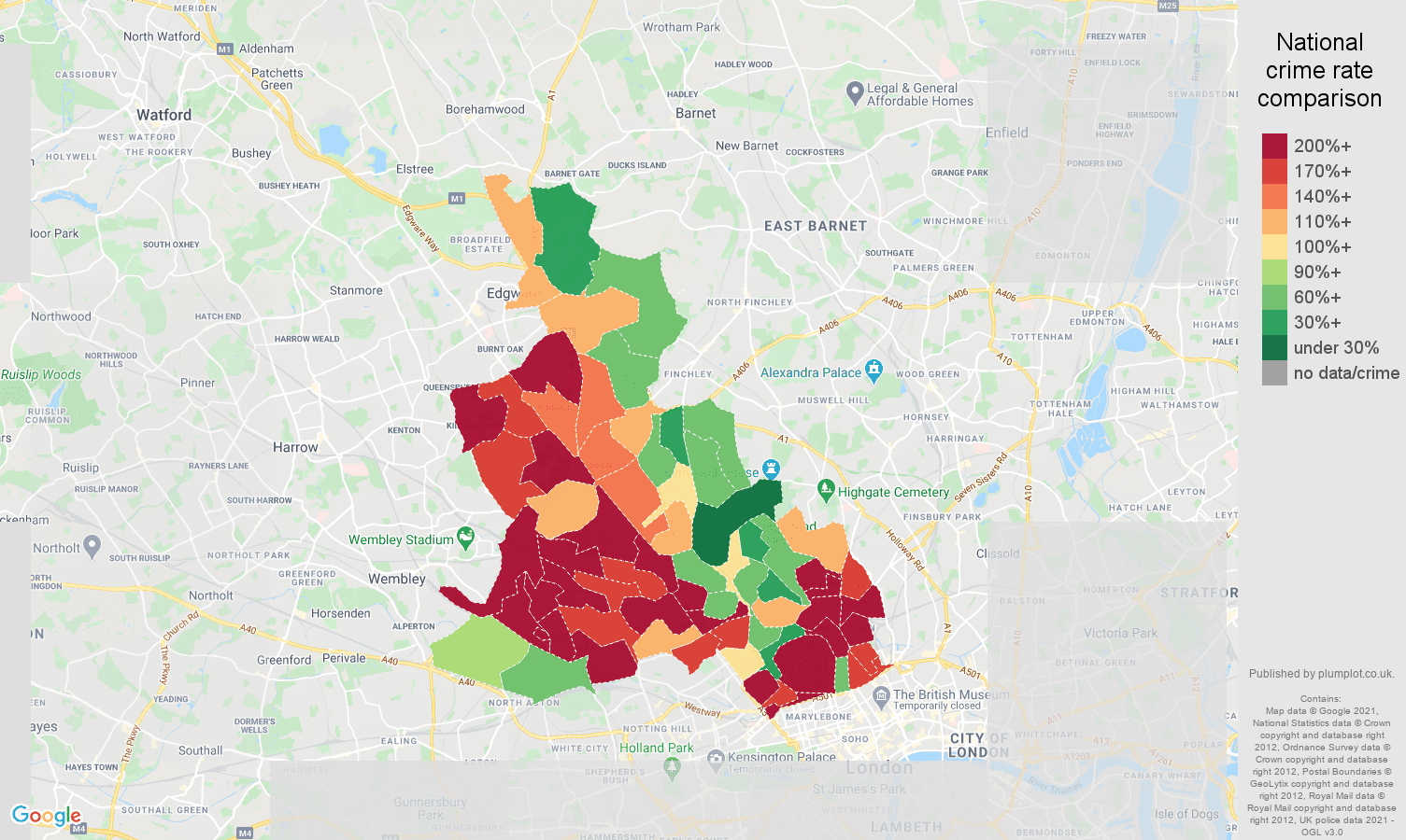 North West London drugs crime rate comparison map