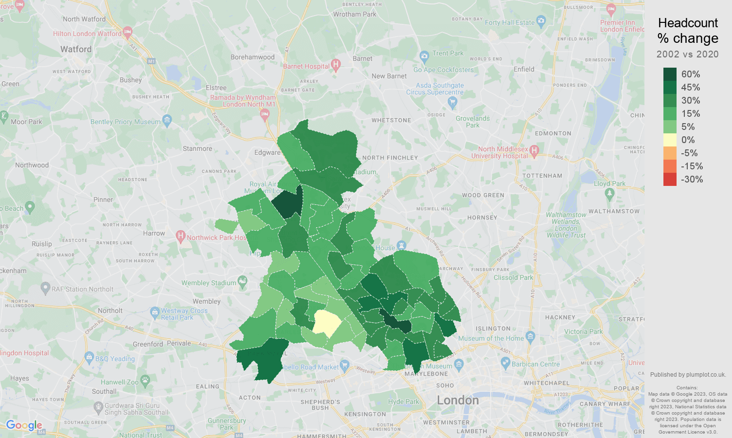 North West London headcount change map