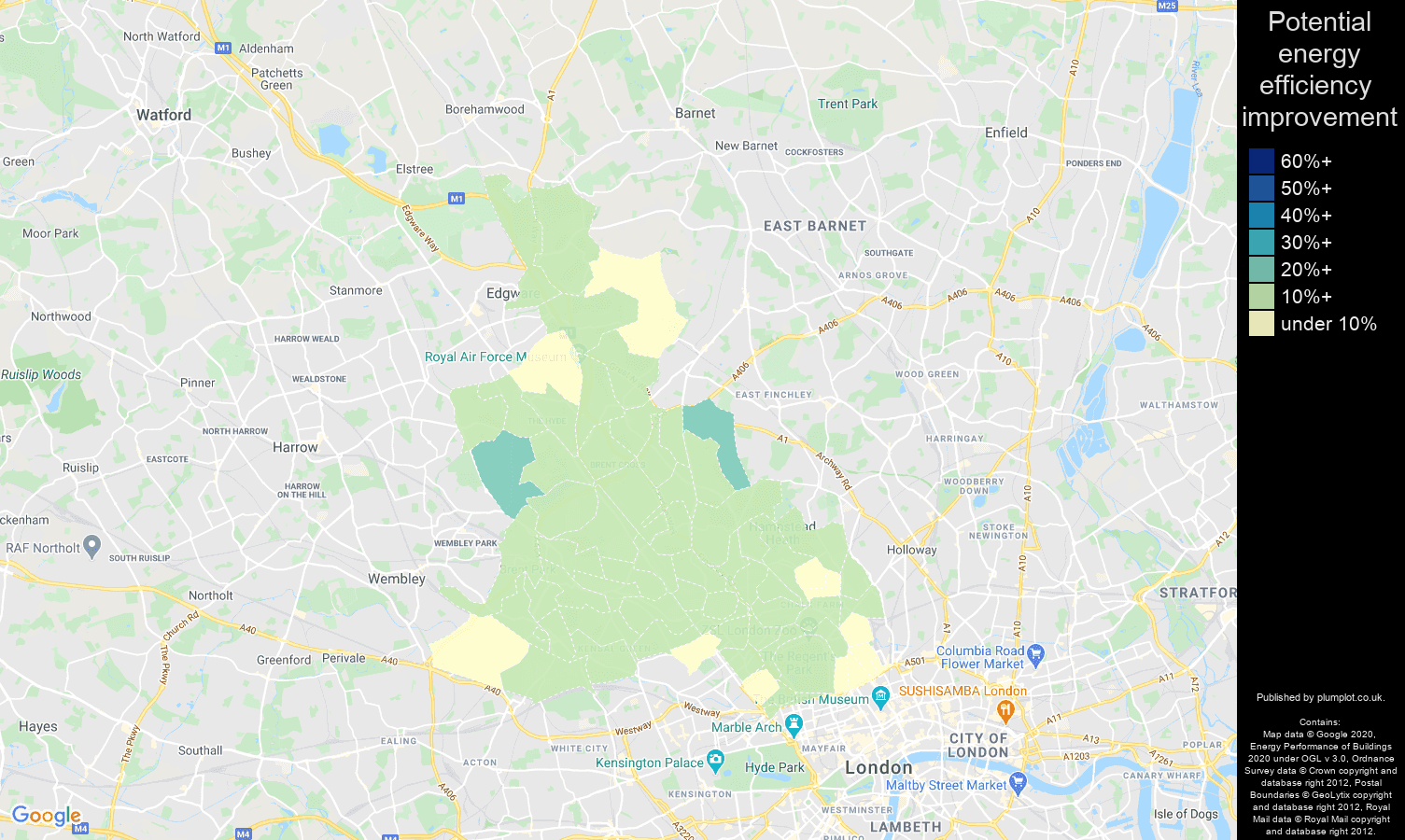 North West London map of potential energy efficiency improvement of properties