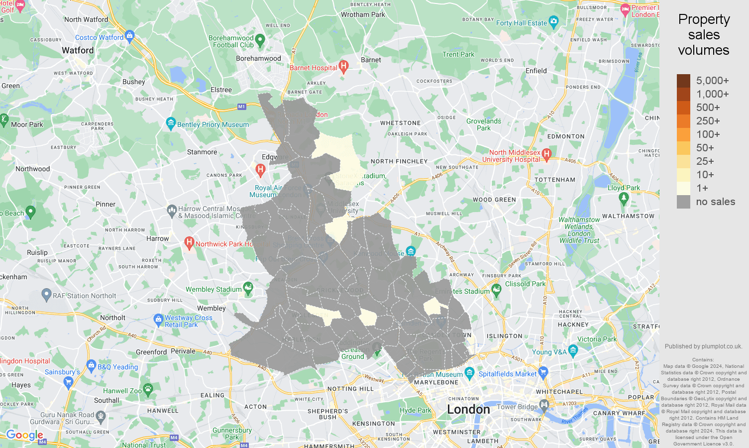 North West London map of sales of new properties