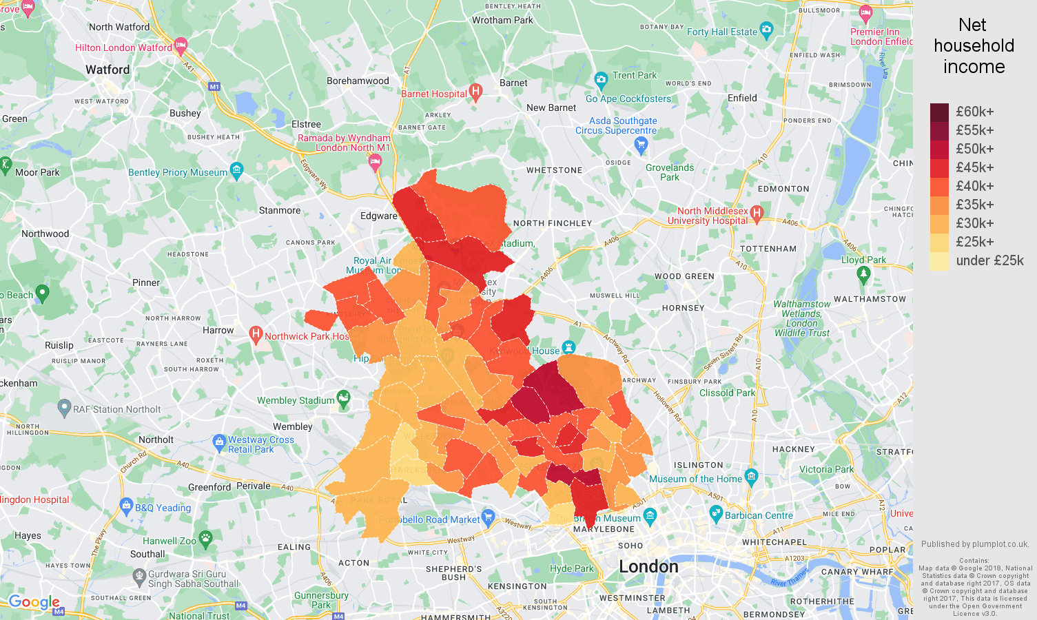 North West London net household income map