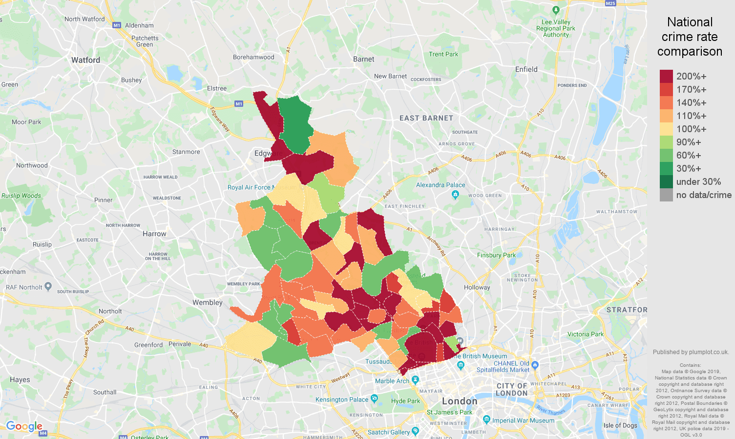 North West London other theft crime rate comparison map