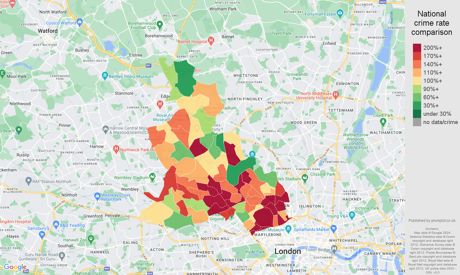 North West London other theft crime rate comparison map