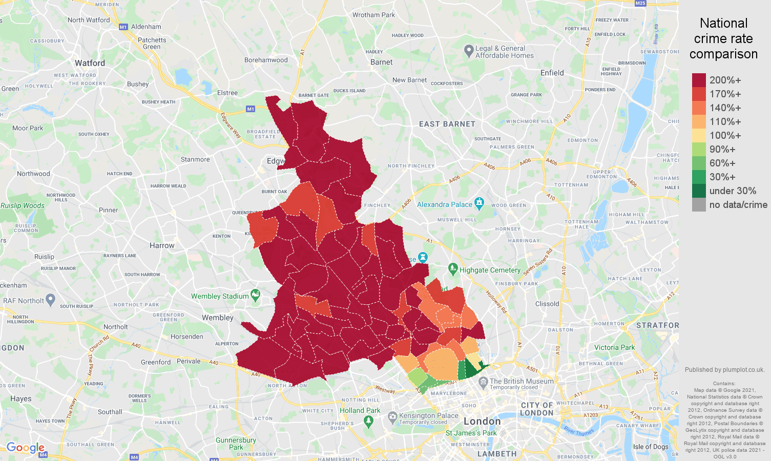 North West London vehicle crime rate comparison map