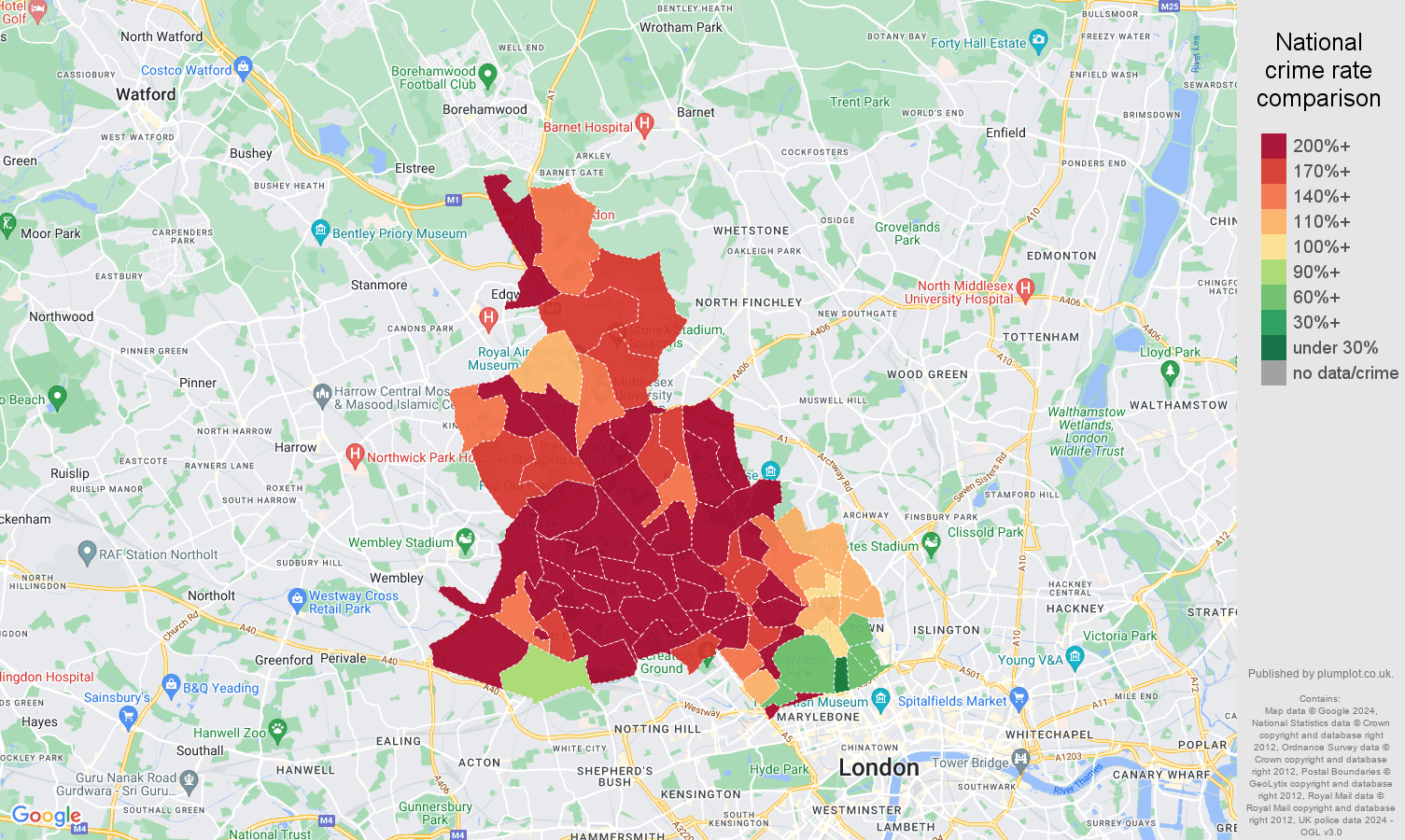 North West London vehicle crime rate comparison map