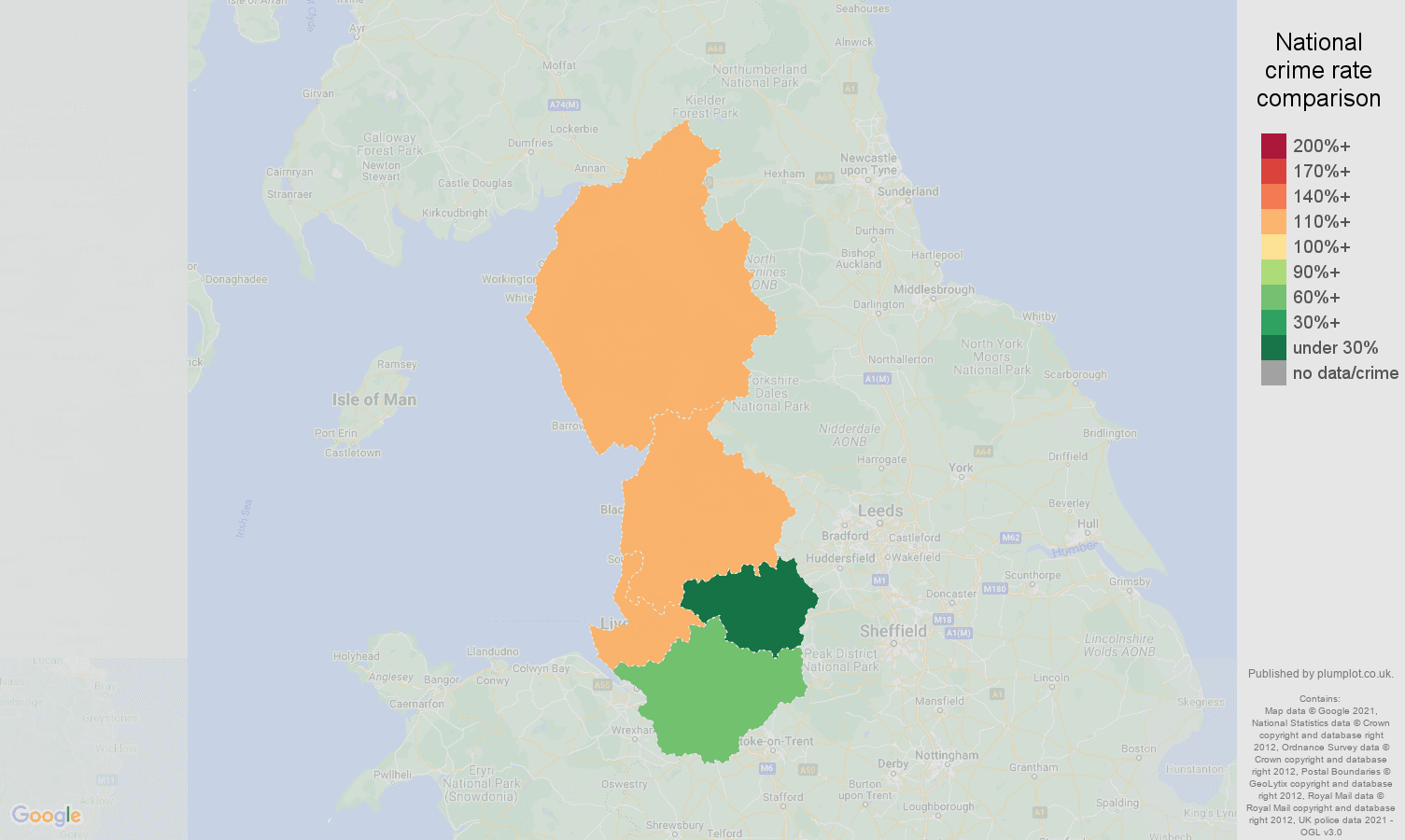 North West criminal damage and arson crime rate comparison map