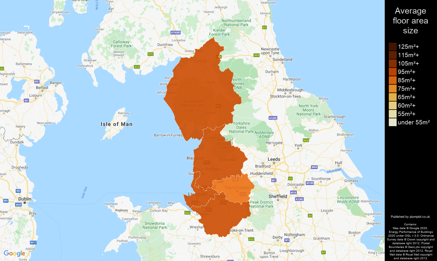 North West map of average floor area size of houses