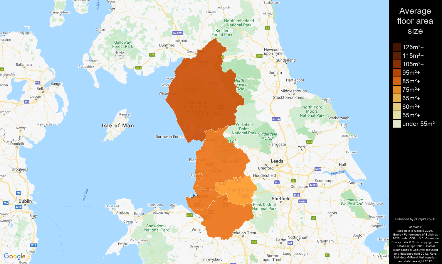 North West map of average floor area size of properties