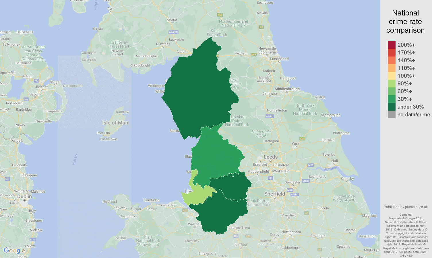 North West theft from the person crime rate comparison map