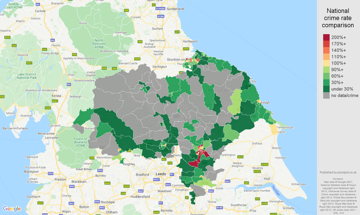 North Yorkshire bicycle theft crime rate comparison map