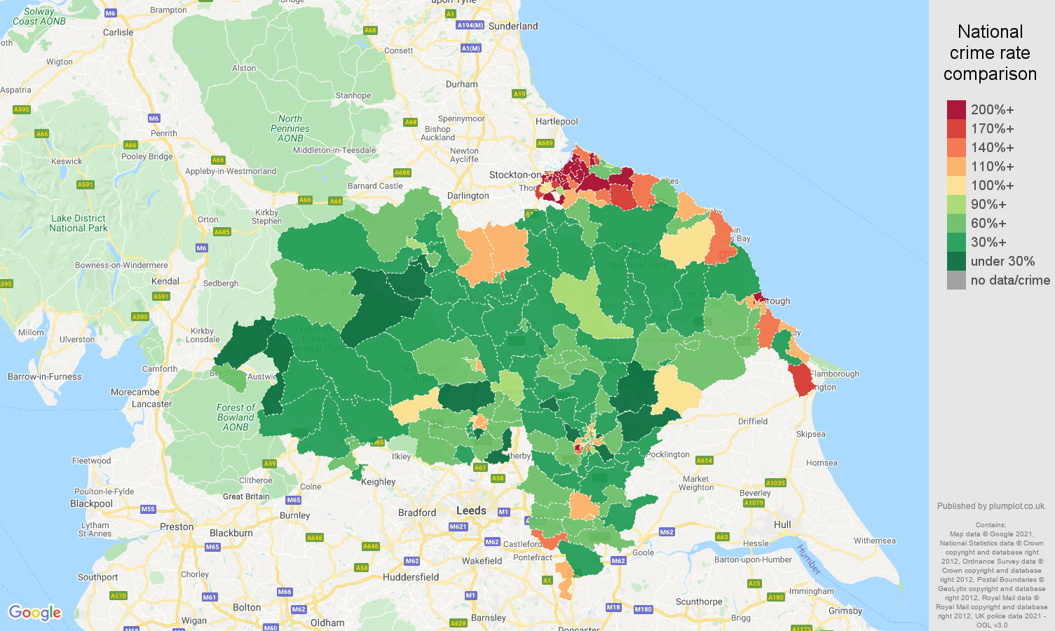 North Yorkshire criminal damage and arson crime rate comparison map