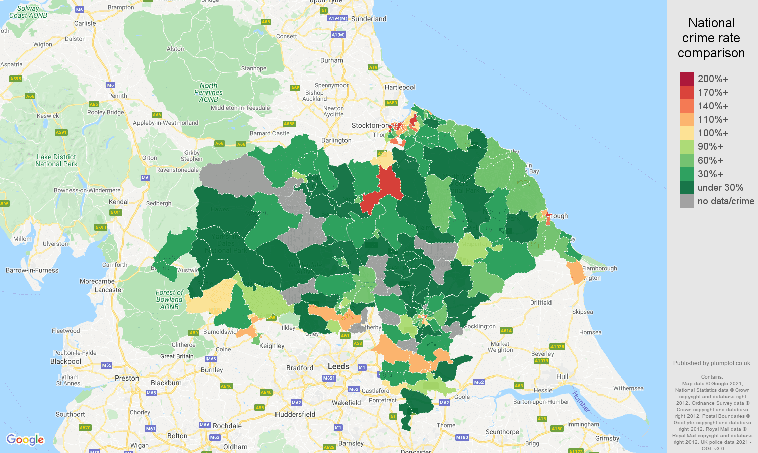 North Yorkshire drugs crime rate comparison map