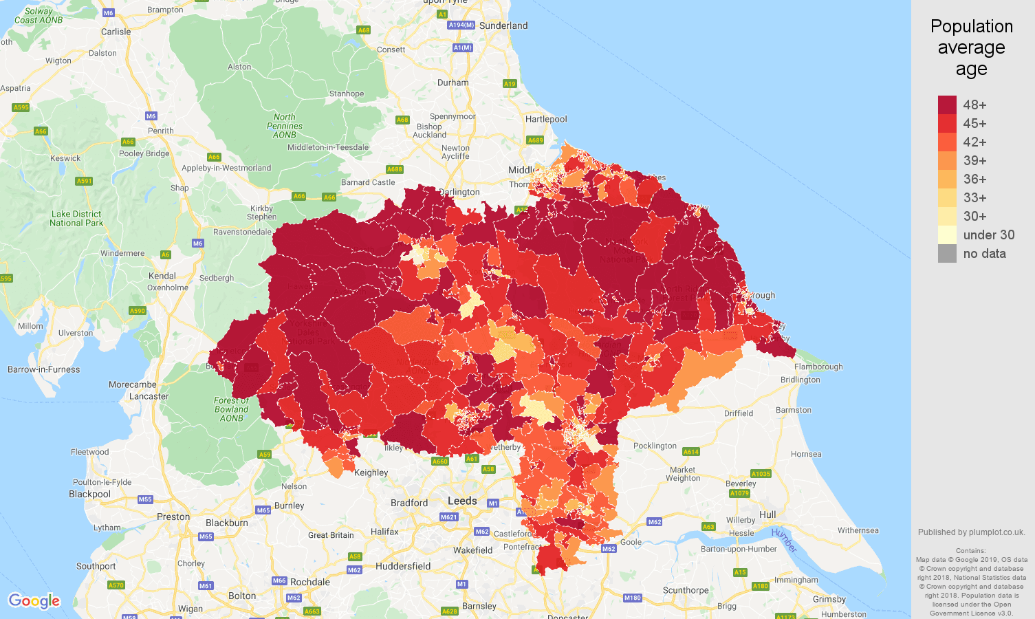 North Yorkshire population average age map