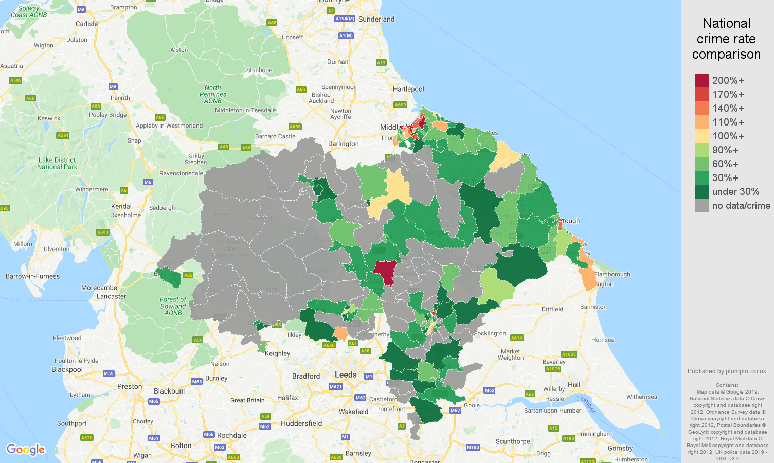 North Yorkshire possession of weapons crime rate comparison map