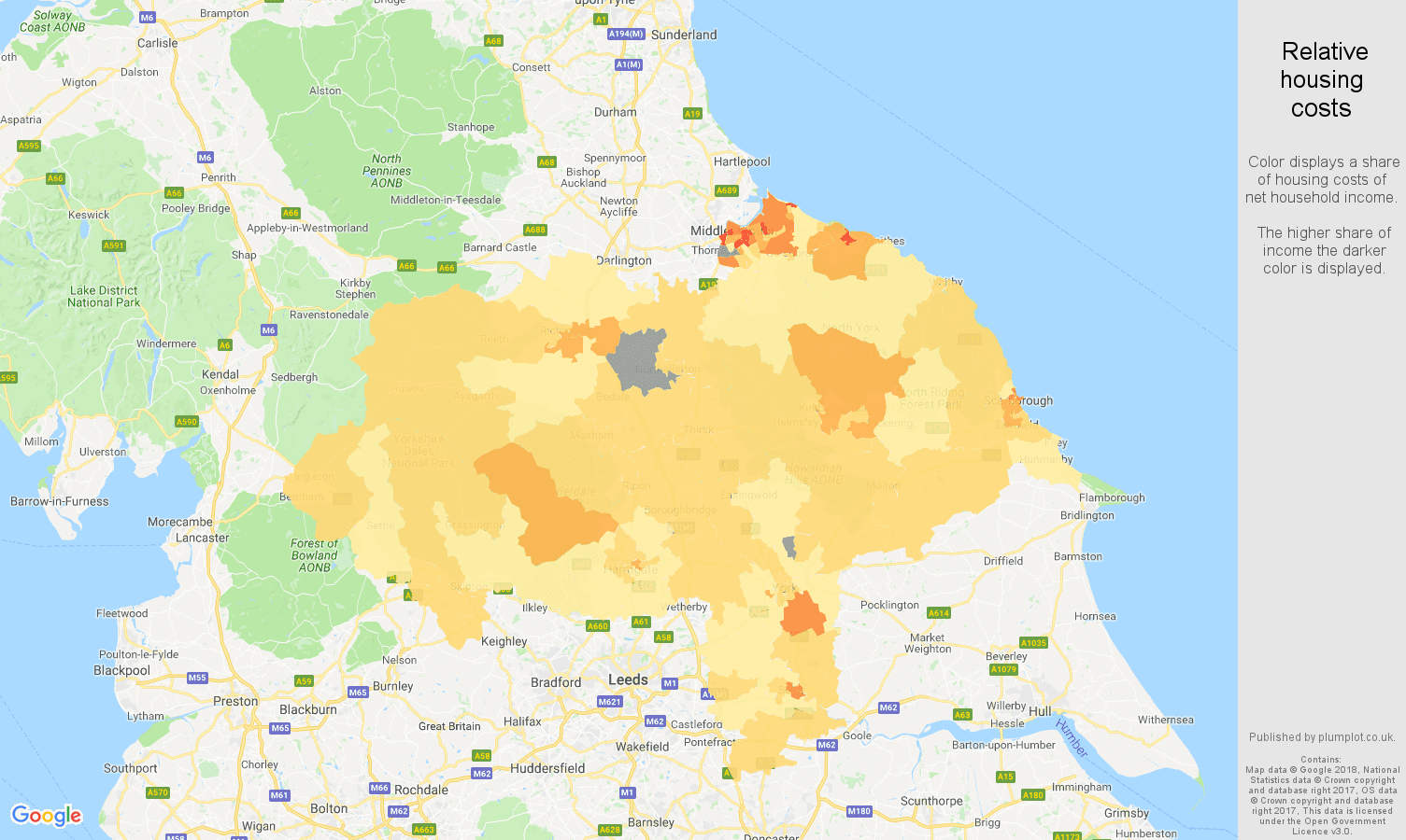 North Yorkshire relative housing costs map
