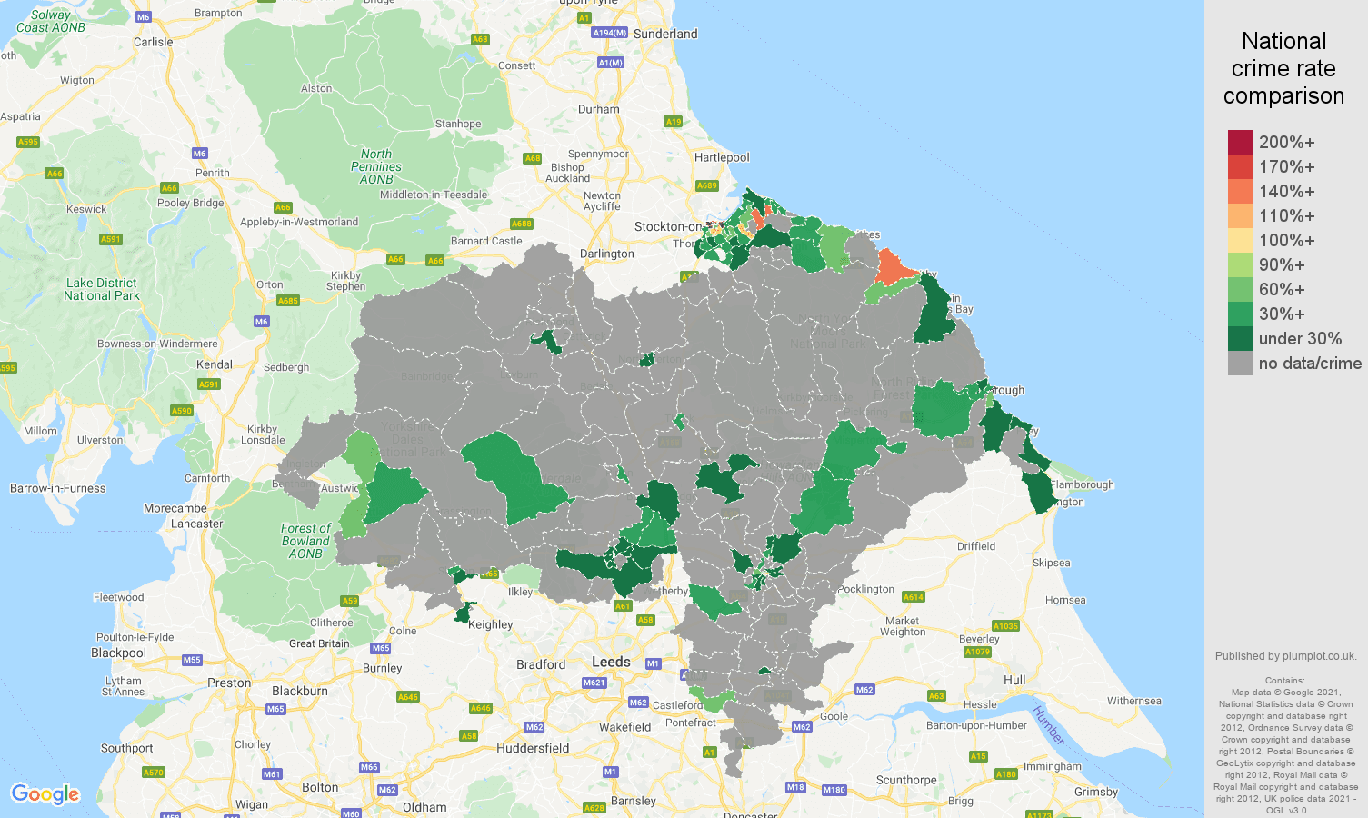 North Yorkshire theft from the person crime rate comparison map