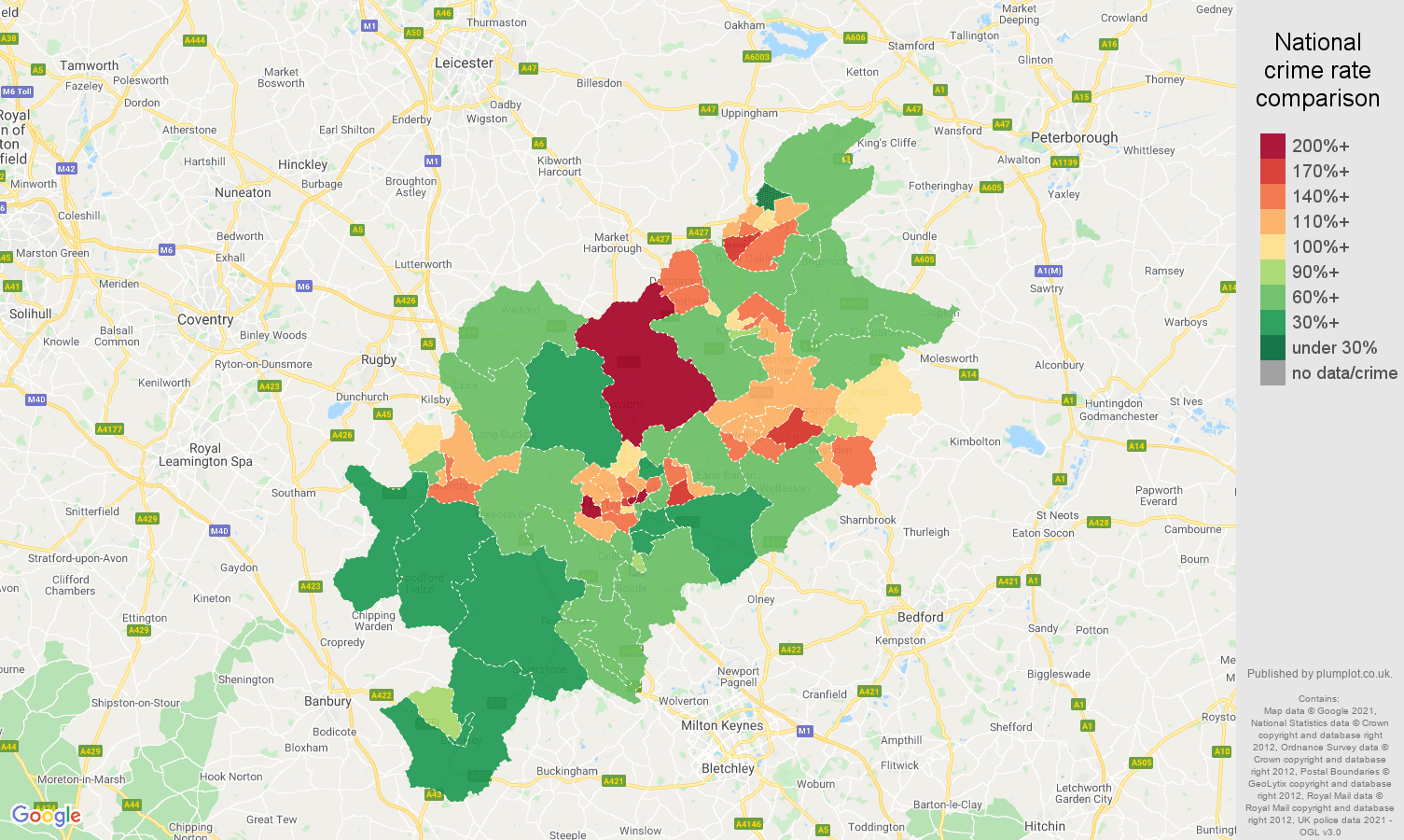Northampton antisocial behaviour crime rate comparison map