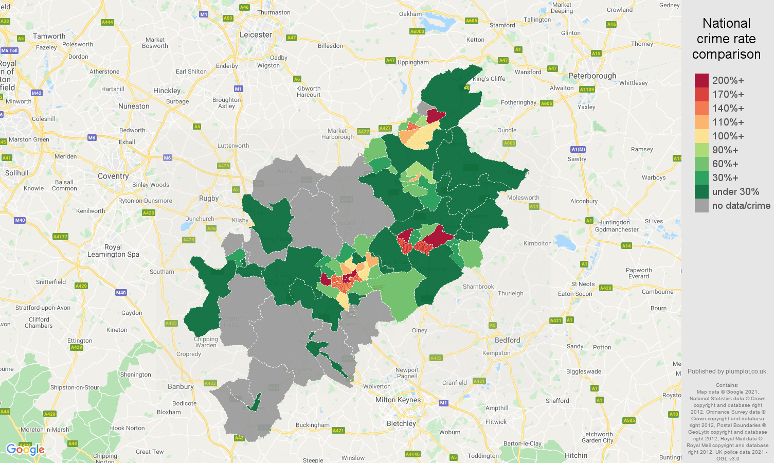 Northampton bicycle theft crime rate comparison map