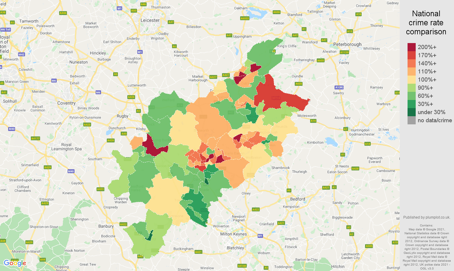 Northampton burglary crime rate comparison map