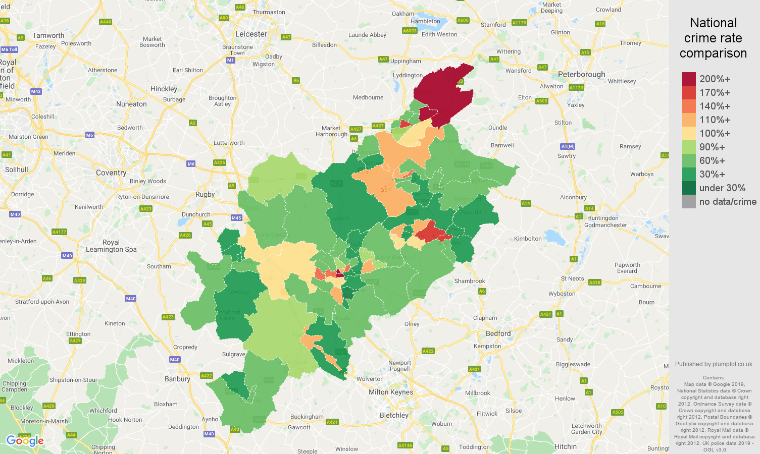 Northampton other theft crime rate comparison map