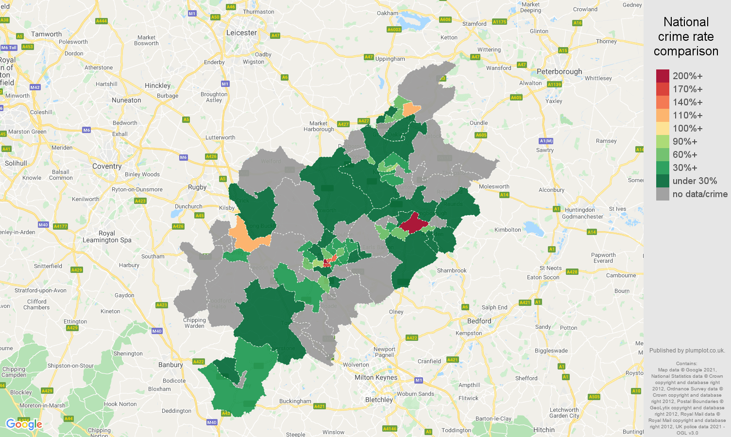 Northampton theft from the person crime rate comparison map