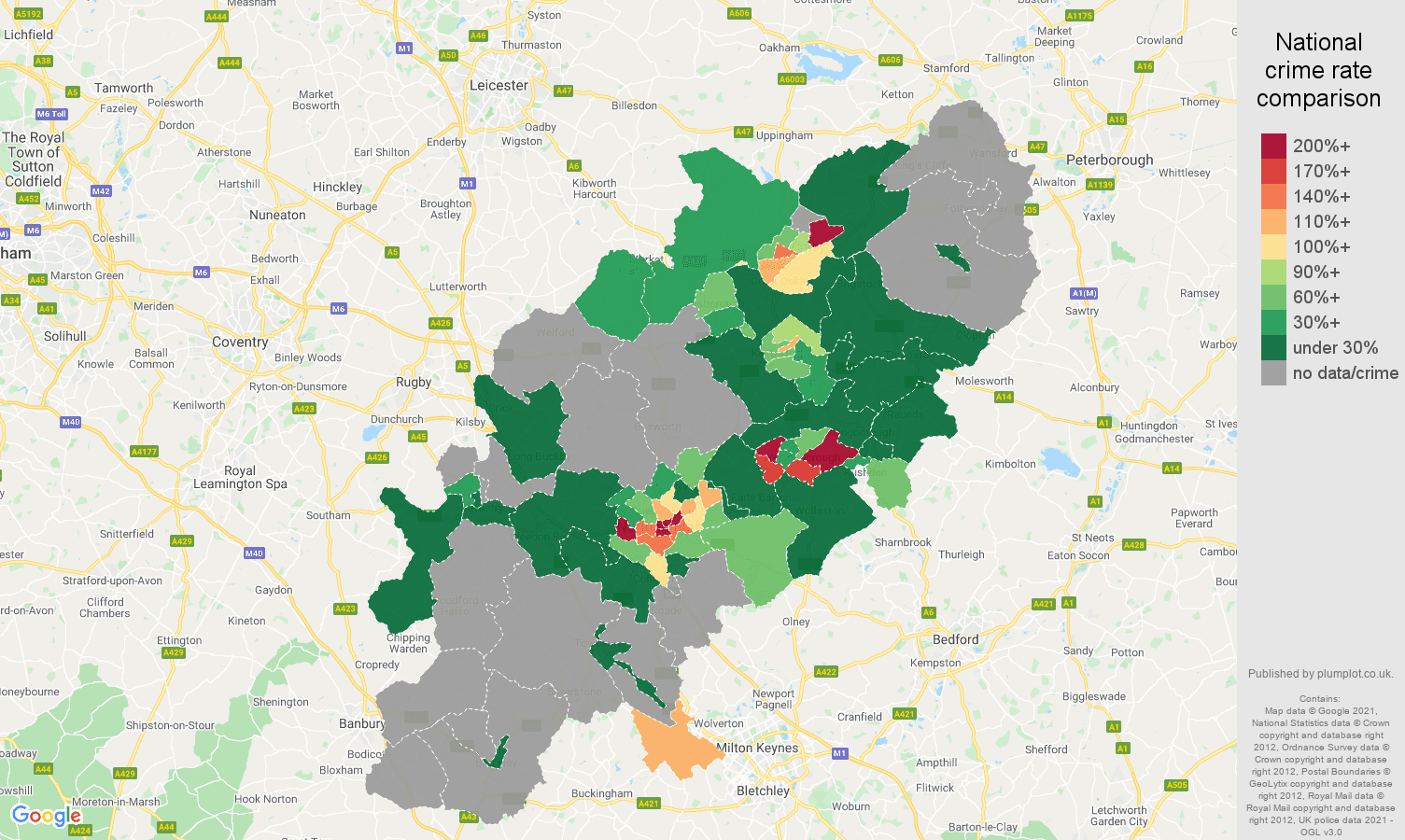 Northamptonshire bicycle theft crime rate comparison map